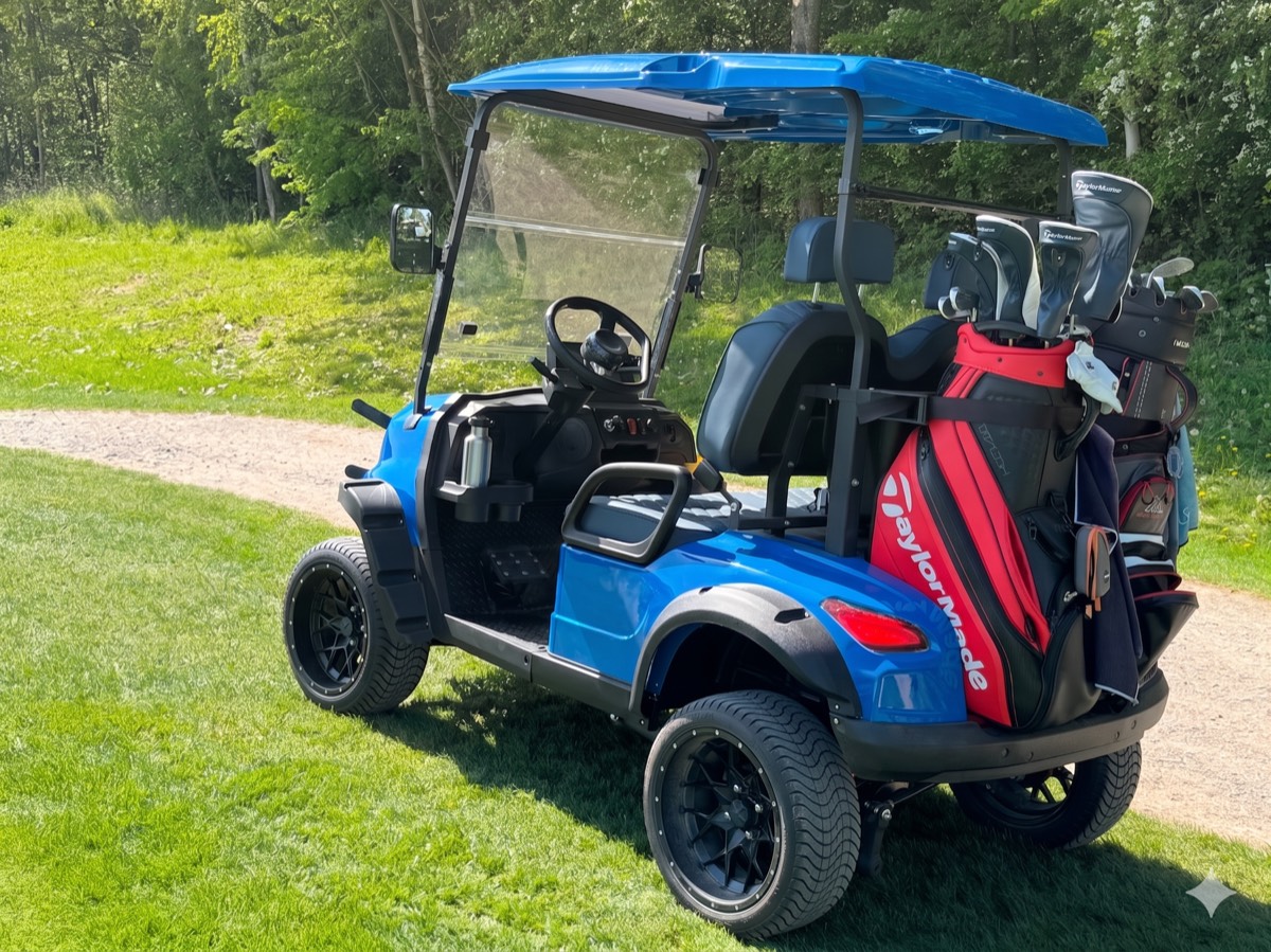 Hit & Drive Golfkart von hinten mit zwei Golfbags