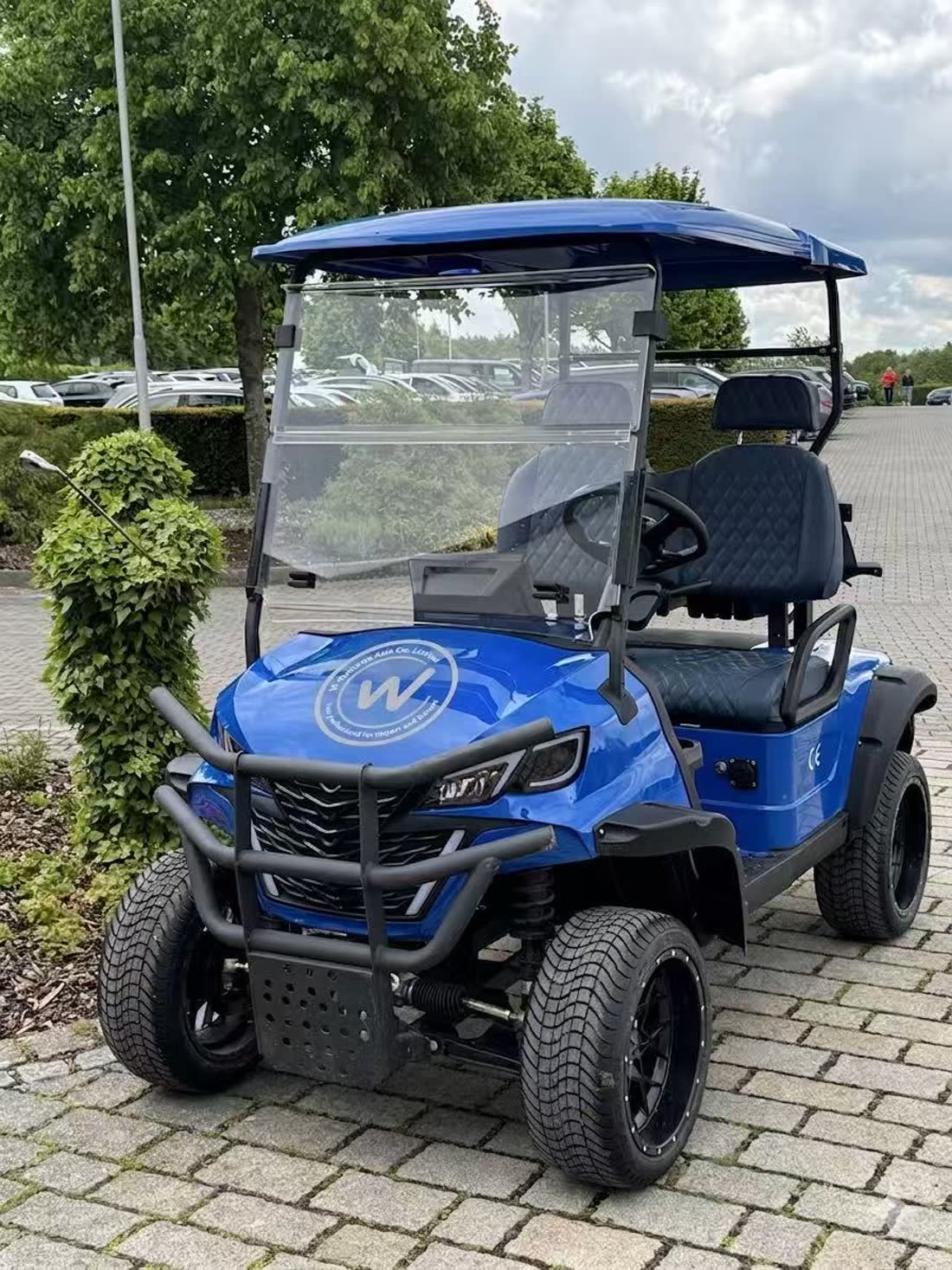 Golfkart in Royal Blue mit W-System Logo auf der Front