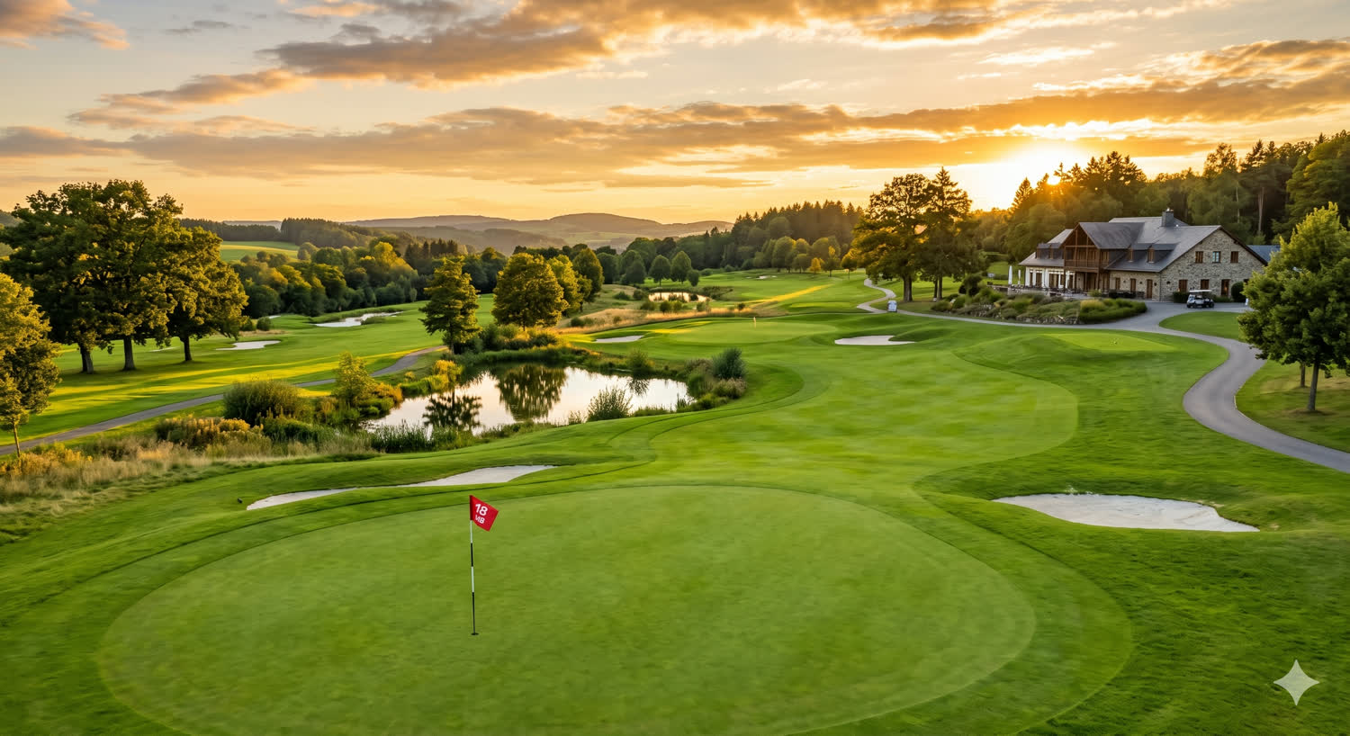 Golfplatz bei Sonnenuntergang mit Fahne, Wasserhindernis und Clubhaus